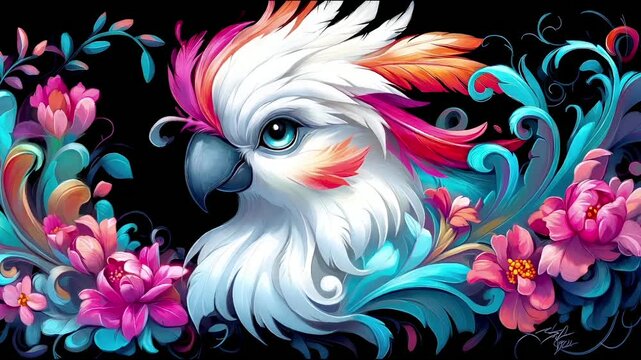 Colorful parrot with vibrant floral design in artistic display