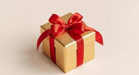 Golden Gift Box with Red Ribbon, Elegant Present for Special Occasions, Celebration