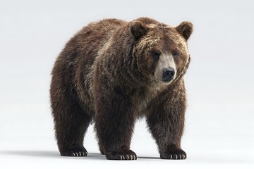 Majestic grizzly bear walking isolated on white background, showcasing its powerful build and intense gaze in a captivating studio shot