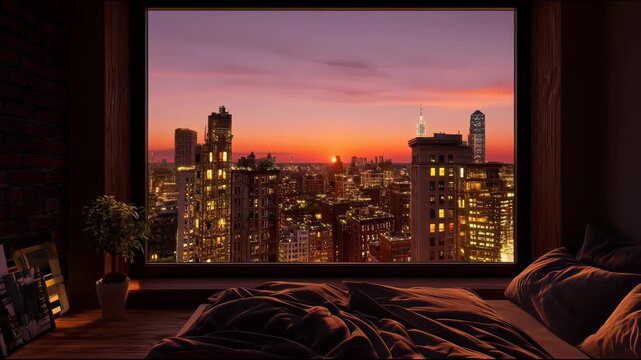 Bedroom with a brick wall and a large window overlooking city buildings at sunset