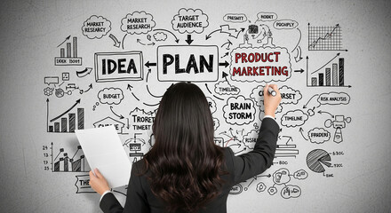 Woman's back, long dark hair, writing marketing plan on wall, hand holding marker, documents in other hand, charts and graphs sketch