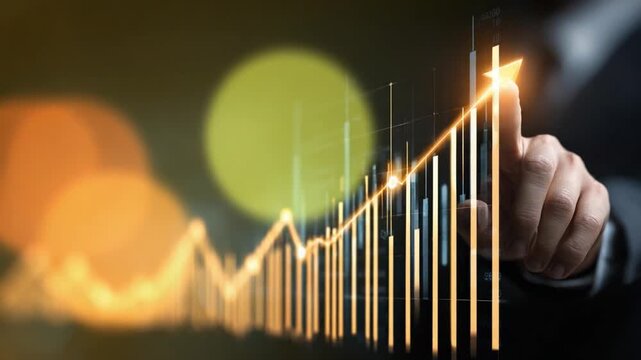 The upward trajectory: A person's finger traces a glowing line chart, a visual metaphor for growth, progress, and success. The image captures the essence of financial and career aspirations.
