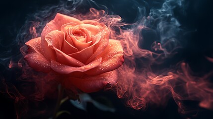 DewKissed Coral Rose Surrounded by Ethereal Smoke Against a Dark Background