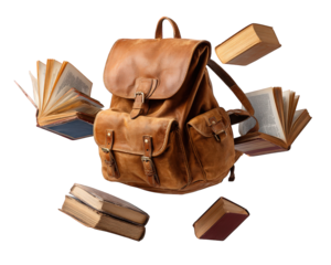 Vintage leather backpack with flying books, isolated on transparency background, evokes sense of adventure and learning, perfect for education, travel, or back to school themes