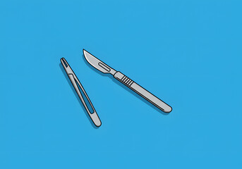 Surgical instruments illustration scalpel tweezers on blue background