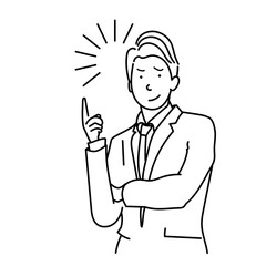 人差し指を立ててポイントを示すスーツ男性の線画スタイルのベクターイラスト