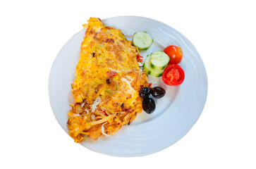 Isolated mushroom omelet served with tomatoes, olives and cucumber on a plate