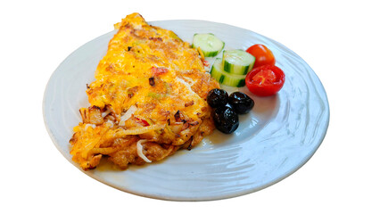 Isolated mushroom omelet served with tomatoes, olives and cucumber on a plate