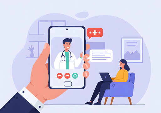 Telehealth consultation with doctor on smartphone digital illustration