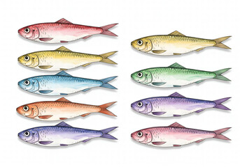 Colorful Fish Illustrations on White Background - Aquatic Life Artwork