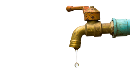 Old rustic water tap with water drop isolated on solid white background