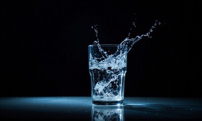 Dynamic splash of clear water from a glass, illuminated against a dark background, reflecting on a slick surface.