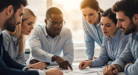 Group of diverse businesspeople collaborating over documents, showcasing teamwork, planning, and strategic discussion in a modern office setting