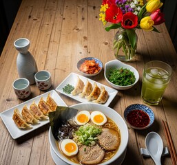 Delicious steaming ramen with toppings and side dishes served in a cozy restaurant setting