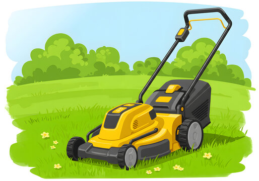 Yellow lawn mower cutting grass in sunny garden illustration