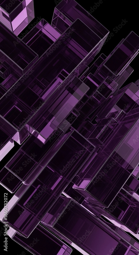 Poster abstract image of purple glass rectangles, overlapping in a dynamic composition, suggesting modern a