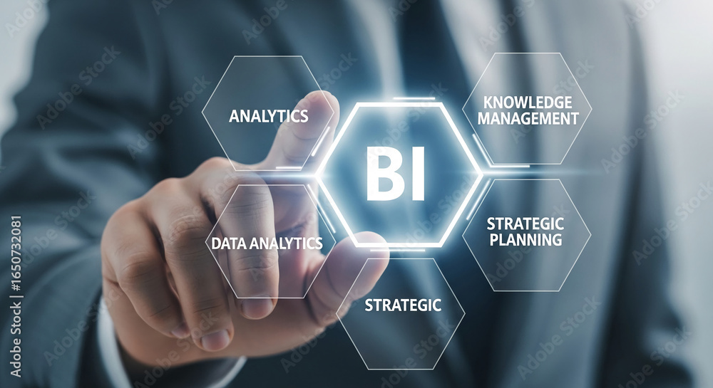 Poster hand interacts with digital interface showing bi, analytics, data analytics, knowledge management, s