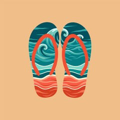 Colorful Flip Flops with Ocean Waves Design on Tan Surface