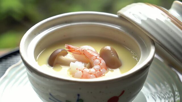 Close Up of Steaming Japanese Chawanmushi Featuring Vibrant Shrimp and Mushroom Toppings in Intricate Bowl with Lid in Natural Light Perfect for Culinary Delights and Gastronomic Culture Promotion