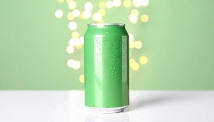 Refreshing Green Soda Can with Dew Drops on a Light Green Background