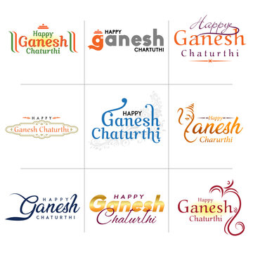 Ganesh Chaturthi Creative Typography Logo Set, Indian Festival Vector Art