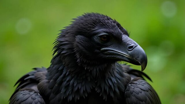 Close up of a Black Vulture with a featherless black head, pale eye, and hooked bill against a soft green background, 4k video.