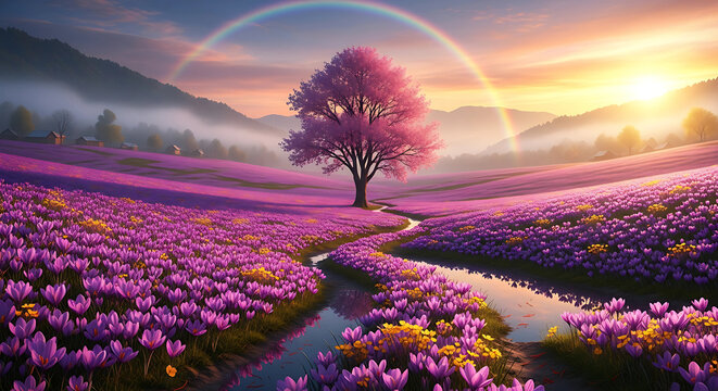 A magical, hyper-realistic landscape of Pampore, Kashmir at sunset, with endless fields of blooming saffron crocus flowers, glowing in rich purples and golds. A single majestic chinar tree stands tall