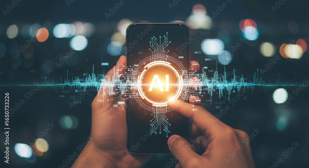 Poster hands hold smartphone displaying ai interface, circuit board pattern, and sound wave graphic, symbol
