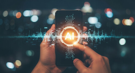 Hands hold smartphone displaying AI interface, circuit board pattern, and sound wave graphic, symbolizing artificial intelligence and technology integration, modern tech concept