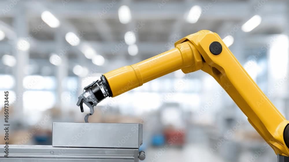 Poster automated precision: an industrial robotic arm meticulously handles a metal component, symbolizing a