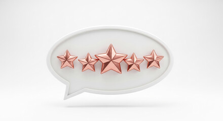 White speech bubble with five rose gold stars, signifying high rating, feedback, or excellent review.  Perfect for customer service or branding concepts. Free space for text.