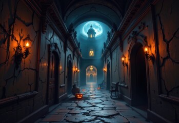 Fototapeta premium design a spooky path inside a halloween mansion with narrow winding corridors flickering candles shadows on broken walls cobwebs draping ceilings ghostly whispers echoing along hidden passageways