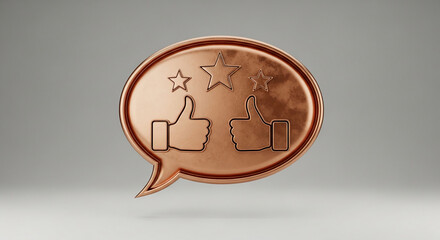 Copper speech bubble with thumbs up and stars, showcasing positive feedback or approval concept.  Suitable for review, rating, or customer satisfaction themes
