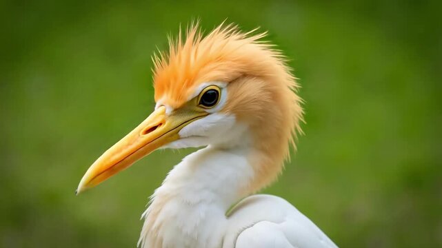 Close up portrait of a stunning Cattle Egret showcasing vibrant colors and a captivating gaze, perfect for wildlife documentaries and nature projects