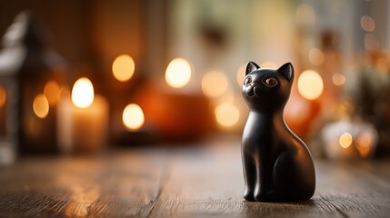 Black cat figurine on wooden table with warm candlelight and bokeh background in cozy Halloween atmosphere