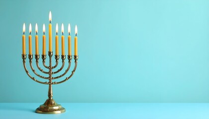 A golden menorah with yellow candles is displayed against a turquoise background, symbolizing celebration and light.