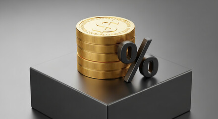 Gold coins stack with percentage sign on dark gray cube showcase, symbolizing financial growth, interest rates, investment, or banking concepts