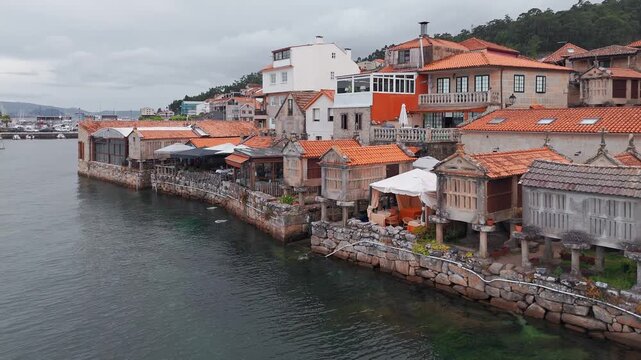 Aerial of Combarro Village with Horreos on Ria de Pontevedra, Galicia