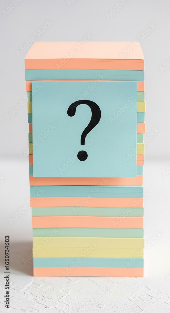 Poster stack of pastel-colored sticky notes with a question mark on top, representing uncertainty, question