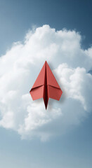 Red paper airplane flying above fluffy white clouds, blue sky background, symbolizes freedom, travel, aspiration, and new beginnings