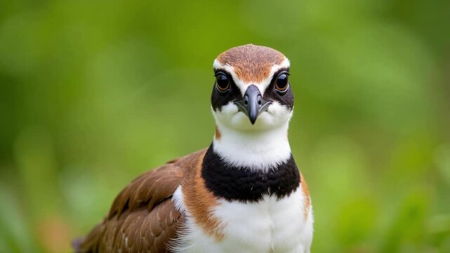 Close up video captures a Killdeer with striking double black breast bands, a rufous wing patch, and a large dark eye against a soft green backdrop.