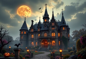 Obraz premium design a halloween mansion mixing fantasy and horror with twisted spires glowing runes swirling mist dark gardens shadowed corridors flickering ghostly lights enchanted statues mysterious creatures ro