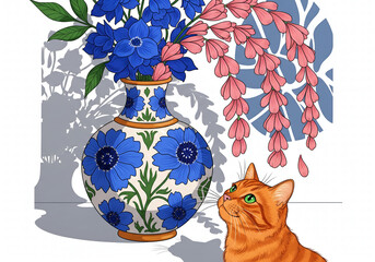 A Whimsical Illustration of a Ginger Cat Captivated by a Decorative Vase Adorned with Vibrant Blue and Pink Flowers