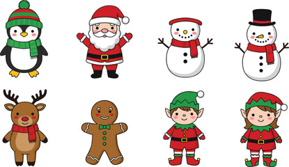 Cute Christmas cartoon characters collection, Santa Claus, snowman, reindeer, elf, penguin, gingerbread man, holiday icons, festive decorations, flat vector illustrations, isolated