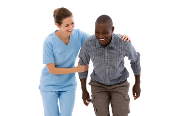 Caring healthcare professional assisting joyful patient during rehabilitation session with positive energy and support
