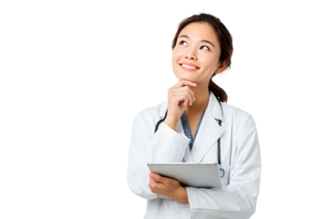 Thoughtful healthcare professional in a white coat with a tablet pondering medical solutions and patient care ideas