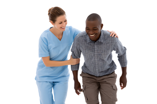 Caring healthcare professional assisting joyful patient during rehabilitation session with positive energy and support