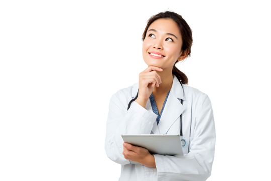 Thoughtful healthcare professional in a white coat with a tablet pondering medical solutions and patient care ideas
