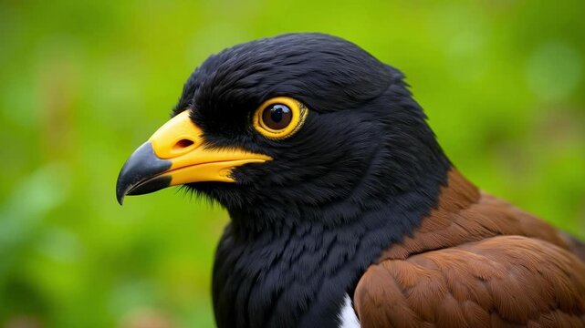 Dynamic close-up portrait of a vibrant Myna bird with striking yellow eye patch and elegant black head, set against a soft green backdrop.