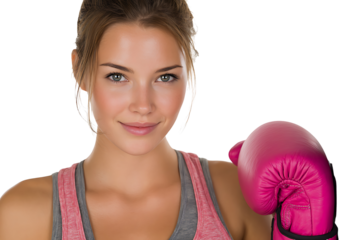 Confident Young Woman in Sports Attire with Pink Boxing Gloves Preparing for Training or Competition